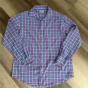 Peter Millar Blue and Pink Plaid Button-Down Dress Shirt